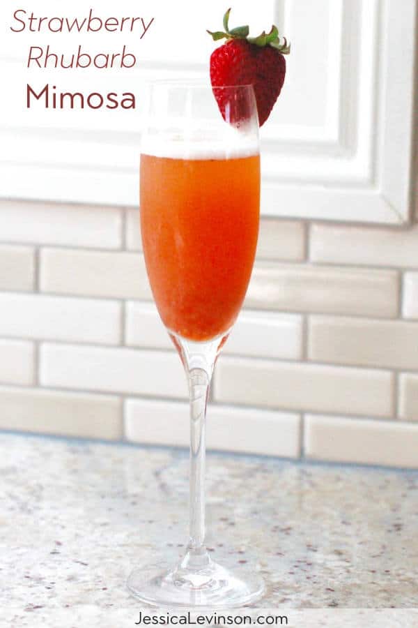 strawberry rhubarb mimosa pinnable image Strawberry Rhubarb Mimosa with Text Overlay