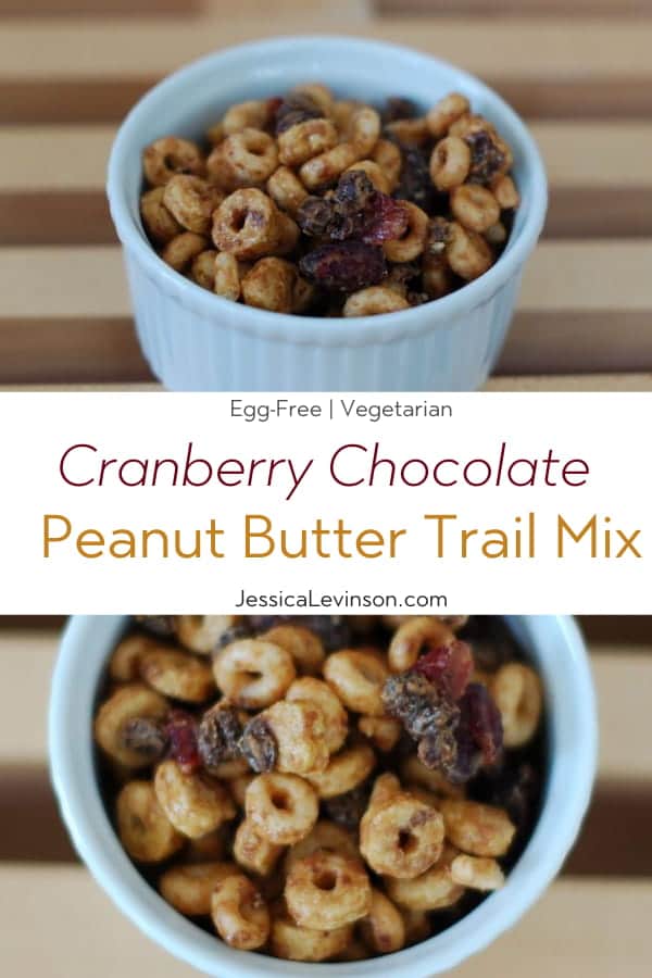 This Cranberry-Chocolate Peanut Butter Trail Mix Recipe is the perfect healthy travel snack or treat for all ages! Full recipe at JessicaLevinson.com #healthytrailmixrecipe #healthytravelsnacks #peanutbuttertrailmix Peanut Butter Trail Mix Recipe Collage with Text Overlay
