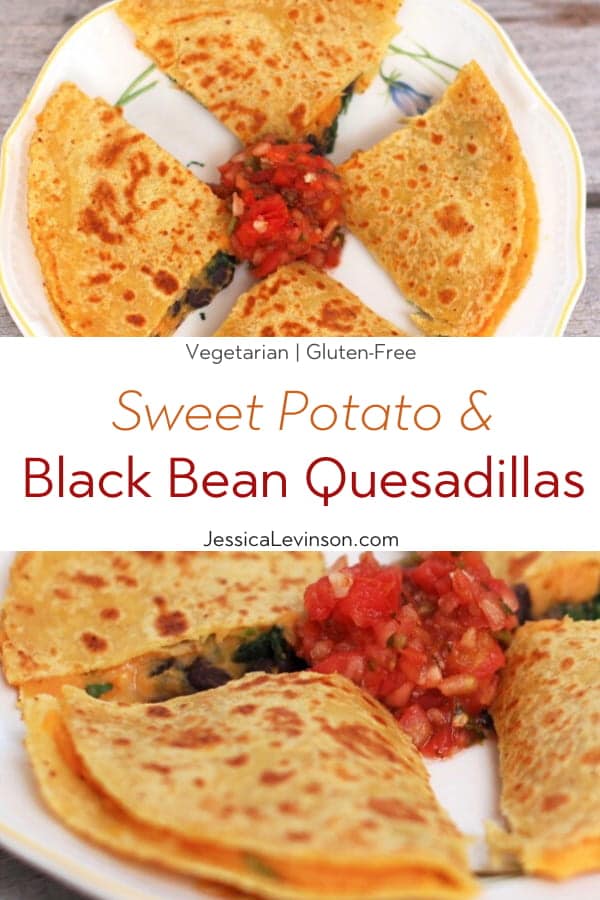 Creamy sweetpotato puree and garlicky black beans and spinach make a sweet and savory filling for gluten-free, vegetarian quesadillas. Recipe via JessicaLevinson.com #Sweetpotatoquesadillas #BlackBeanQuesadillaRecipe Sweet Potato Black Bean Quesadillas Collage with Text Overlay