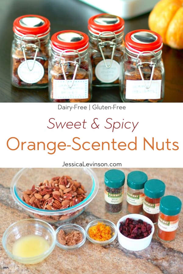Sweet and Spicy Orange-Scented Nuts are a delicious homemade holiday gift, addition to a cocktail party spread, or anytime snack. Get the gluten-free, dairy-free, vegetarian recipe at JessicaLevinson.com | #EdibleGifts #SpicedNutsRecipe Orange-Scented Nuts Collage with Text Overlay