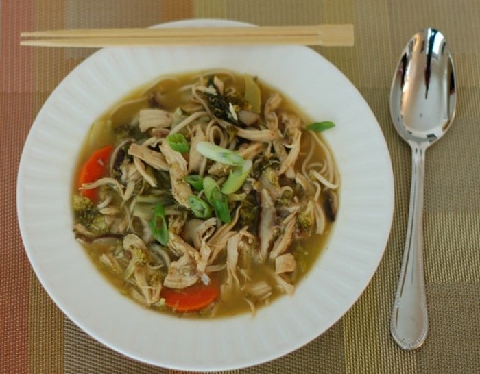 Long noodles signify longevity in Asian countries. Try this Chicken Vegetable Udon Soup to bring in the New Year with this delicious new challenge. Get the dairy-free recipe via JessicaLevinson.com | #udonnoodlesoup #chickesouprecipe #dairyfreesoups Chicken Vegetable Udon Soup Overhead in Bowl