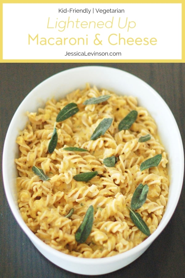 A healthier version of a classic, Lightened-Up Macaroni and Cheese is made with reduced-fat cheese, pureed butternut squash, and whole grain noodles. Kid-friendly, vegetarian, and oh so delicious! Get the recipe at JessicaLevinson.com | #macaroniandcheese #kidfriendlyrecipes #pastarecipes lightened-up macaroni and cheese