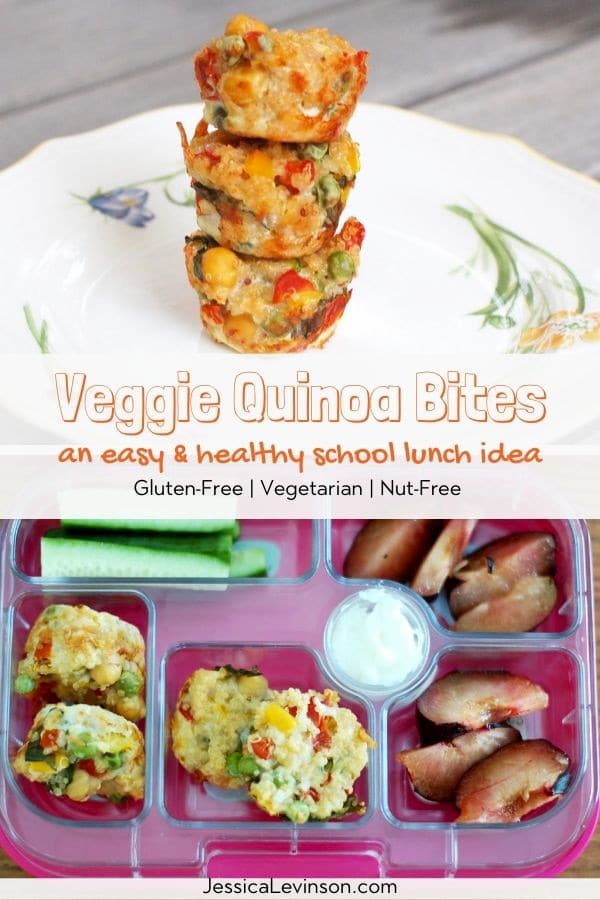 Veggie Quinoa Bites are an easy and healthy school lunch idea. Gluten-free, nut-free, vegetarian, and freezer friendly. veggie quinoa bites healthy easy school lunch