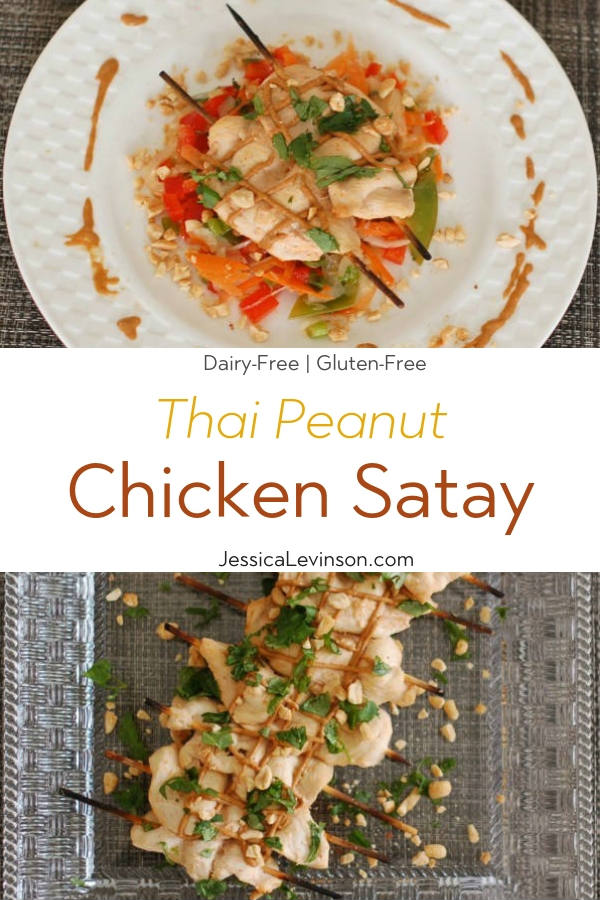 Thai peanut chicken satay marries the heat of sriracha with the coolness of coconut milk and cilantro. Served with an easy peanut sauce as an appetizer or main dish, this recipe is sure to be a crowd pleaser. Get the gluten-free recipe at JessicaLevinson.com | #ChickenSatayRecipe #EasyPeanutSauce #ChickenAppetizer Thai Peanut Chicken Satay with Text Overlay