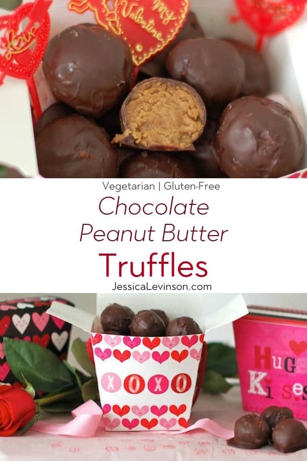 Rich & creamy chocolate peanut butter truffles are a decadent treat made healthier with Greek yogurt, maple syrup, natural peanut butter, & dark chocolate. Get the vegetarian and gluten-free recipe at JessicaLevinson.com | #ValentinesDayRecipes #HealthierDesserts #PeanutButterTruffles Chocolate Peanut Butter Truffles with Text Overlay