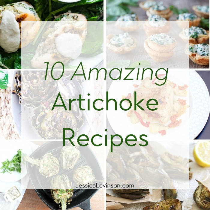 Celebrate the season of artichokes with a collection of 10 amazing artichoke recipes! Get the roundup via JessicaLevinson.com #ArtichokeRecipes #SpringRecipes Artichoke Recipe Roundup Square with Text