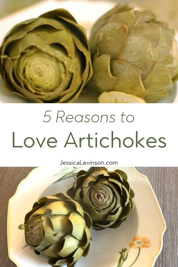 Spring is the season for beautiful artichokes, which are full of nutrition and flavor. Find out why you should love artichokes now via JessicaLevinson.com #Artichokes #SpringVegetables Love Artichokes with Text Overlay