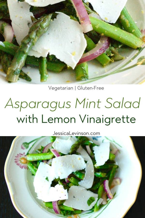 Earthy asparagus is tossed with crisp red onions, refreshing mint, zesty lemon, and salty ricotta salata cheese in this Asparagus Mint Salad that will get you in the spirit of spring and wake up your taste buds. Get the vegetarian and gluten-free recipe at JessicaLevinson.com #SpringRecipes #AsparagusSalad #SpringSalads Asparagus Mint Salad with Text Overlay