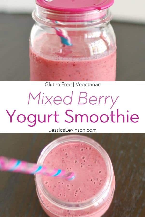 AD | This creamy mixed berry yogurt smoothie is fiber-rich and an excellent source of vitamin C, potassium, and calcium. Get the gluten-free and vegetarian recipe via JessicaLevinson.com #BerrySmoothieRecipe #HealthySmoothieRecipe Mixed Berry Yogurt Smoothie Collage with Text Overlay