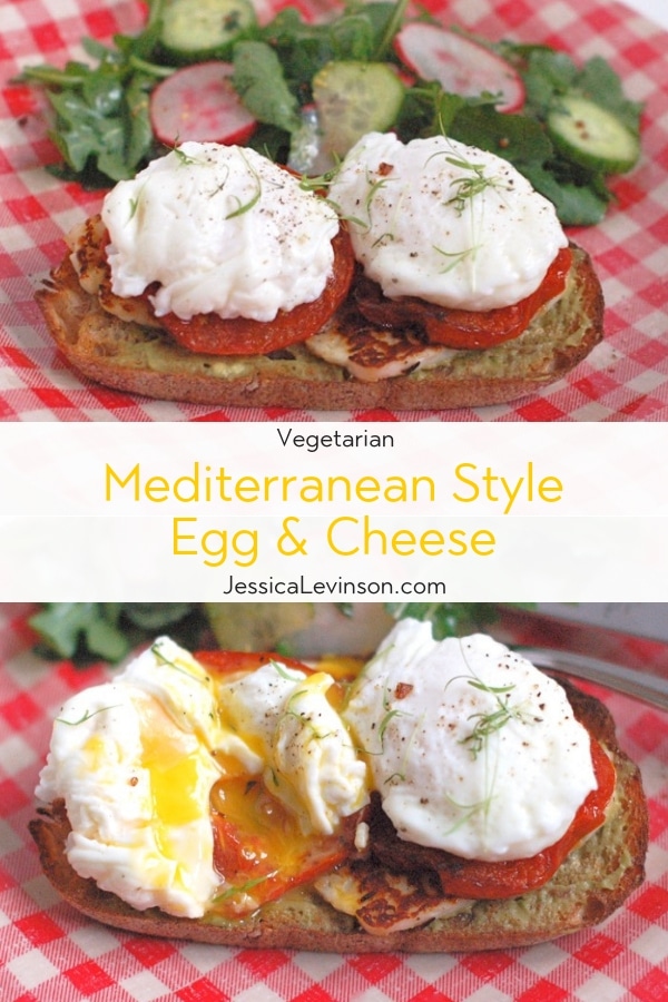 Smoky halloumi, fragrant roasted tomatoes, creamy avocado, and poached eggs top whole grain sourdough bread in this Mediterranean style egg and cheese sandwich. Get the recipe @ JessicaLevinson.com | #eggs #eggandcheese #meditteraneandiet #breakfast #brunch #breakfastfordinner #vegetarian Smoky halloumi, fragrant roasted tomatoes, creamy avocado, and poached eggs top whole grain sourdough bread in this Mediterranean style egg and cheese sandwich.