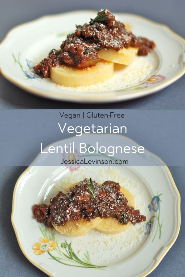 Umami-rich, vegetarian lentil bolognese served over polenta cakes or your favorite pasta is a filling and flavorful dinner meal. Recipe via JessicaLevinson.com | #glutenfree #vegetarian #veganrecipes lentil bolognese is vegetarian, vegan, and gluten-free. serve over whole grain pasta or polenta cakes.