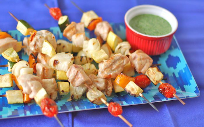 Summer Chicken Kebabs with Herb Sauce | Jessica Levinson, MS, RDN, CDN Veggie and protein-packed, these chicken kebabs with herb sauce are the perfect summer dinner on the grill! via JessicaLevinson.com | #glutenfree #dairyfree #chickenrecipes #kosher #grillingrecipes #summerrecipes #healthyrecipes