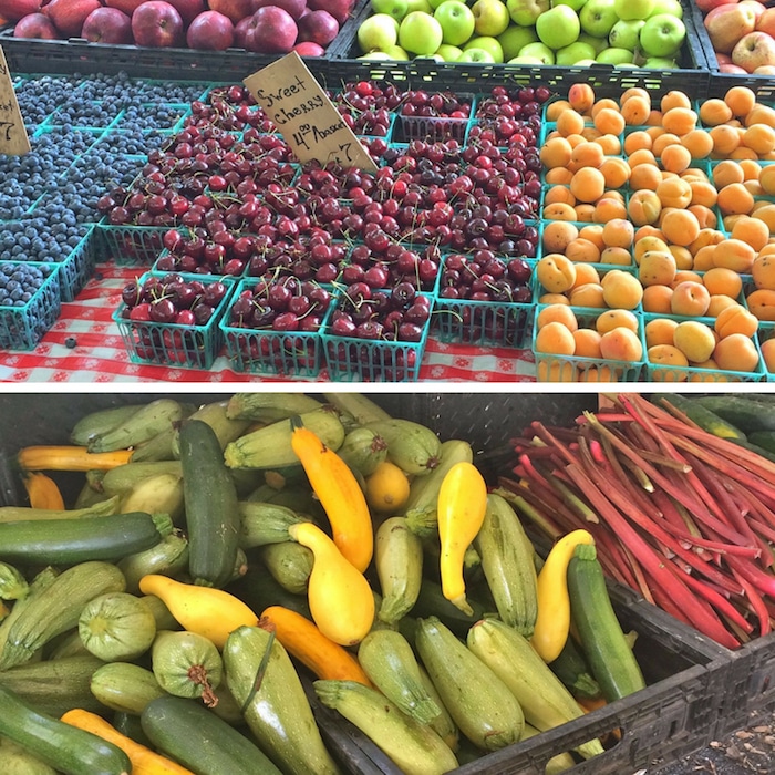 Farmers Market Produce cherries, blueberries, apricots, zucchini and summer squash, and rhubarb at local farmers market in New Rochelle, NY