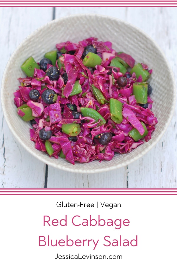 Red Cabbage Blueberry Salad | Jessica Levinson, MS, RDN, CDN This colorful red cabbage blueberry salad is quick and easy to make, pretty to look at, and filled with health-enhancing nutrients. Enjoy it at your next summer social gathering! Recipe via JessicaLevinson.com | #cabbage #blueberries #slaw #salad #glutenfree #dairyfree #vegan #vegetarian