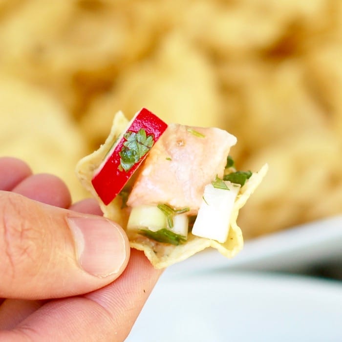 Tender omega-3 rich fish, crunchy vegetables, and a zesty citrus marinade are combined in this easy, recipe-style Salmon Ceviche with Cucumbers and Radishes. Get the gluten-free and dairy-free recipe at JessicaLevinson.com | #ceviche #salmonrecipes Salmon Ceviche with Cucumbers in Tortilla chip