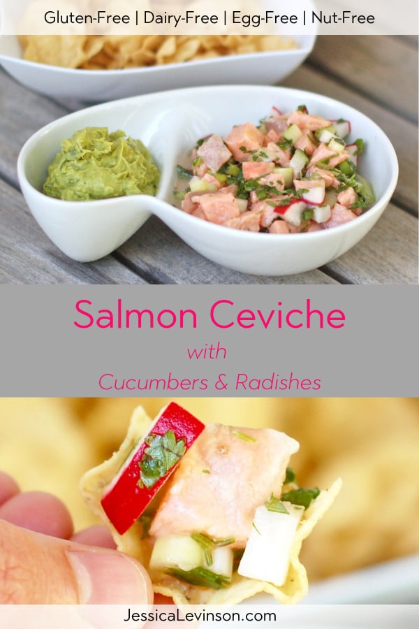 Tender omega-3 rich fish, crunchy vegetables, and a zesty citrus marinade are combined in this easy, recipe-style Salmon Ceviche with Cucumbers and Radishes. Get the gluten-free and dairy-free recipe at JessicaLevinson.com | #ceviche #salmonrecipes #seafoodrecipes #springrecipes Salmon Ceviche with Cucumbers in bowl and close up