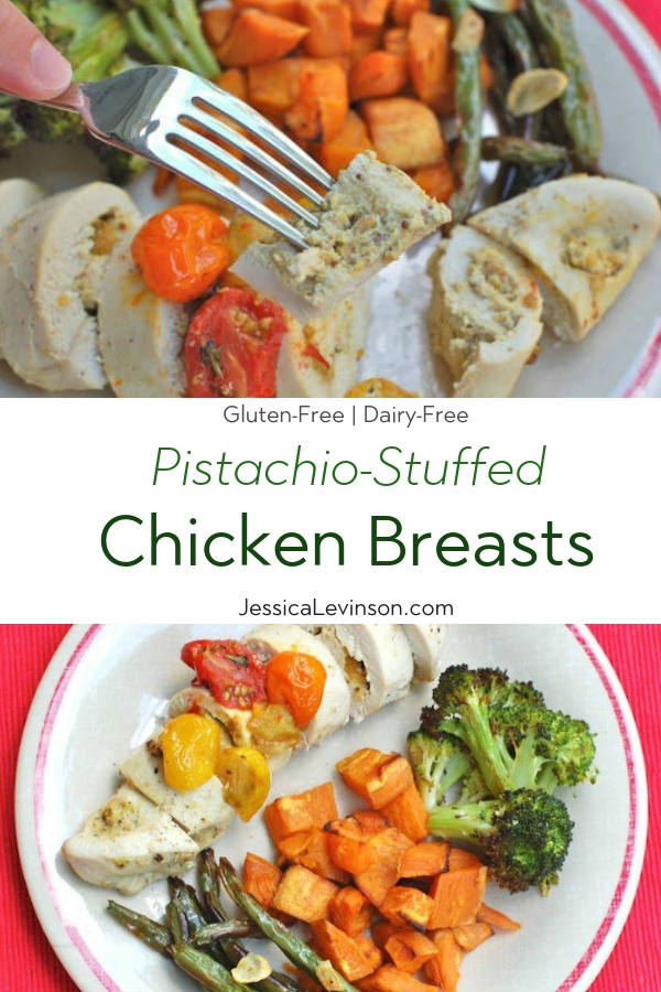 These Pistachio-Stuffed Chicken Breasts are filled with creamy pistachio mustard with a hint of lemon. An easy weeknight meal that will please the whole family. Get the gluten-free and dairy-free recipe via JessicaLevinson.com | #PistachioStuffedChicken #StuffedChickenRecipe Pistachio-Stuffed Chicken Breasts Recipe with Text Overlay