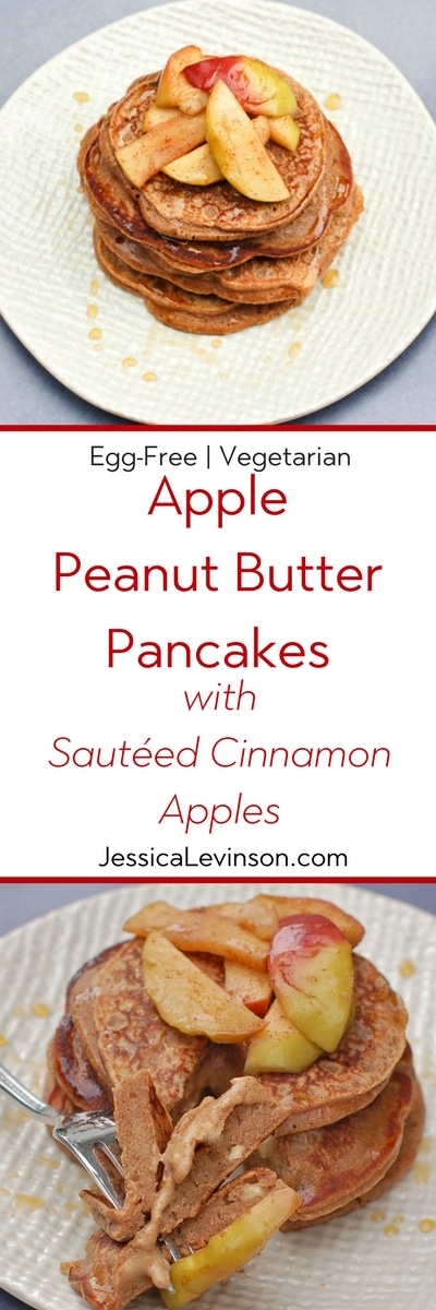 Take your favorite snack duo to breakfast or brunch with these apple peanut butter pancakes topped with sautéed cinnamon apples. Get the egg-free recipe at JessicaLevinson.com | #pancakes #brunch #peanutbutter apple peanut butter pancakes with sautéed cinnamon apples.