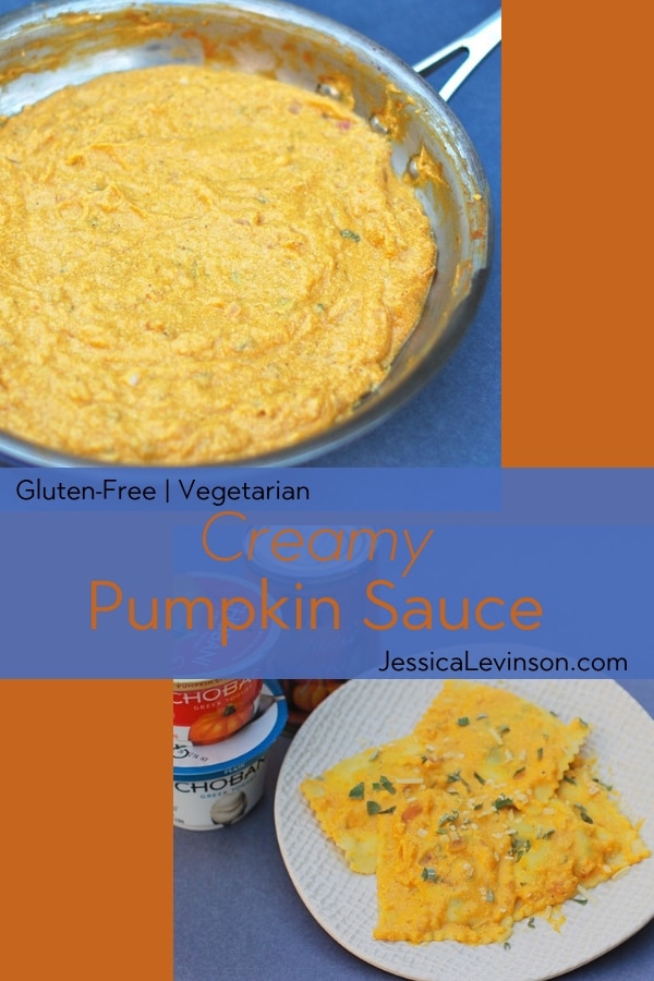 Enjoy pumpkin beyond dessert with this creamy, yogurt-based pumpkin sauce, a delicious coating for ravioli or your favorite pasta. Get the recipe at JessicaLevinson.com | #pumpkin #pumpkinspice #vegetarianrecipes #glutenfreerecipes gluten-free, vegetarian creamy yogurt-based pumpkin sauce is delicious on ravioli and pasta. An easy weeknight meal.