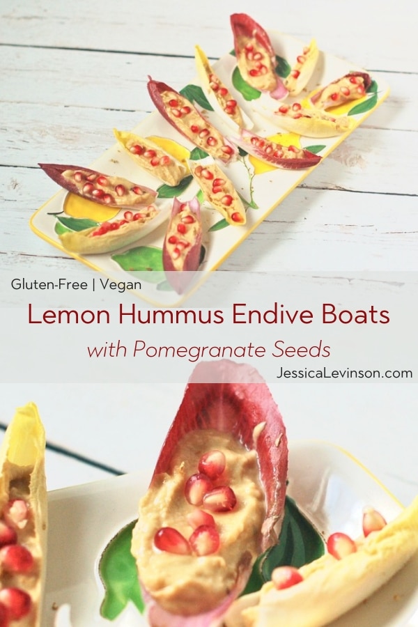 Wow your guests with zesty, creamy lemon hummus endive boats topped with sweet and juicy pomegranate seeds. A pretty, flavorful, nutritious and delicious appetizer perfect for a crowd. Recipe via JessicaLevinson.com | #glutenfree #vegan #dairyfree #vegetarian #partyfood #hummus #pomegranate #endiveboats #easyrecipe lemon hummus endive boats with pomegranate seeds jessica levinson, ms, rdn, cdn
