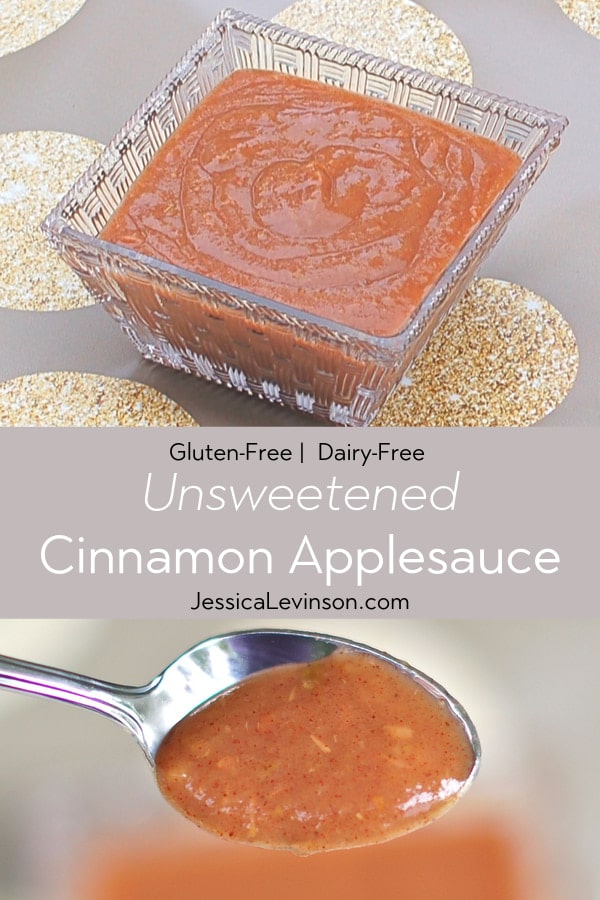 Homemade unsweetened cinnamon applesauce is quick and easy to make, has just 3 ingredients, and no added sugar. A nutritious and delicious gluten-free, nut-free, dairy-free side dish or snack. via JessicaLevinson.com | #applesauce #applerecipes #veganrecipes #nosugaradded #cookingwithkids vegan unsweetened applesauce