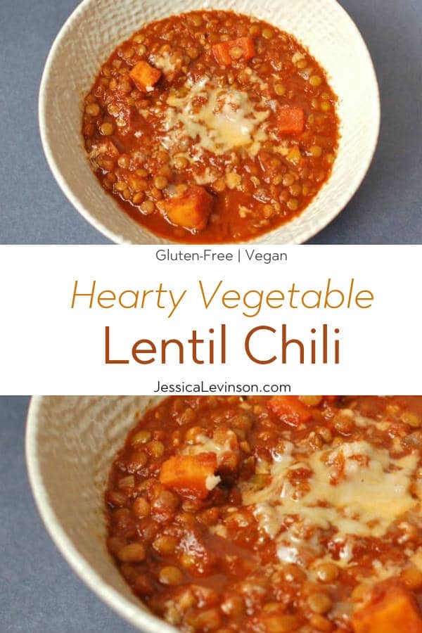 Warm up with a bowl of hearty lentil chili that's packed with vegetables and brimming with flavor and nutrition. Enjoy topped with shredded cheese or mashed avocado. Get the vegan and gluten-free recipe via JessicaLevinson.com #VeganChili #VegetarianChiliRecipe Heart Vegetable Lentil Chili with Text Overlay