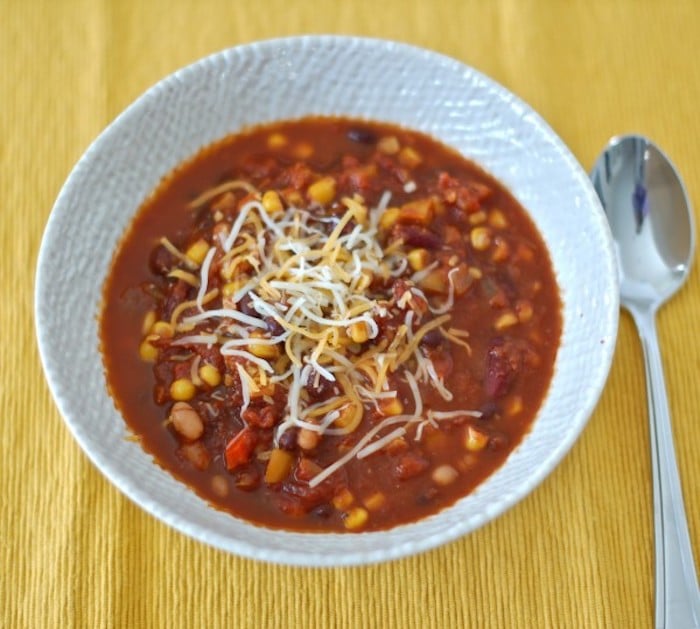 Three Bean Vegetarian Chili in White Bowl