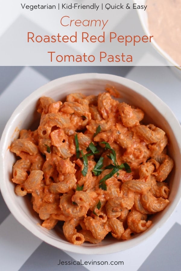 creamy roasted red pepper tomato pasta vegetarian, kid-friendly, quick & easy Roasted Red Pepper Tomato Pasta in bowl