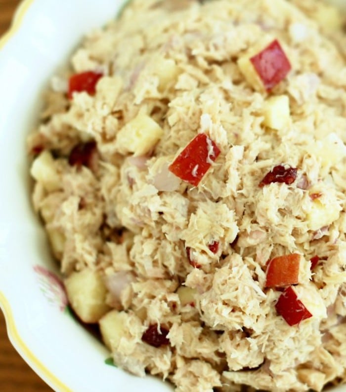 Apple Cranberry Tuna Salad | Upgrade your classic tuna salad with crunchy apples and a touch of sweetness from dried cranberries for a high-protein, omega-3-rich lunch. Get the gluten-free and dairy-free recipe via JessicaLevinson.com #HealthyTunaSalad #DairyFreeTunaSalad Apple Cranberry Tuna Salad Close Up