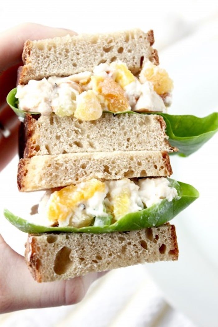 Switch up your regular chicken salad with this Apricot Pineapple Chicken Salad lightened up with Greek yogurt. Recipe via JessicaLevinson.com #chickensalad #picnicfood Apricot Pineapple Chicken Salad Sandwich