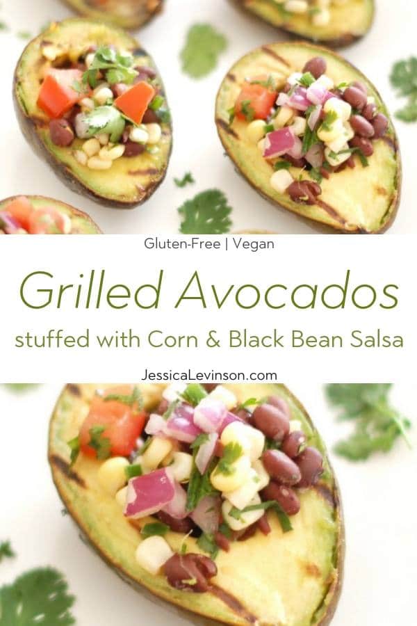 Grilled avocados are stuffed with a light and fresh mixture of corn, black beans, and tomatoes in this elegant yet simple appetizer, side dish, or entrée. Get the gluten-free and vegan recipe via JessicaLevinson.com #GrilledAvocados #StuffedAvocados Grilled Avocados Collage with Text Overlay