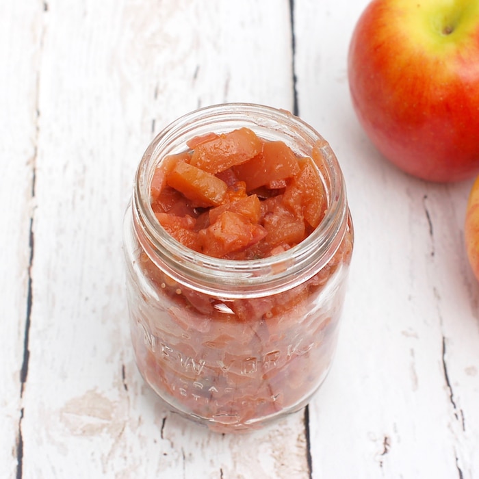 This sweet and spicy, low-sugar apple chutney is full of flavor and a delicious homemade condiment to serve with chicken, fish, and meat. It's also a great addition to a cheese plate. low-sugar apple chutney is delicious with chicken, fish, beef, and pork.