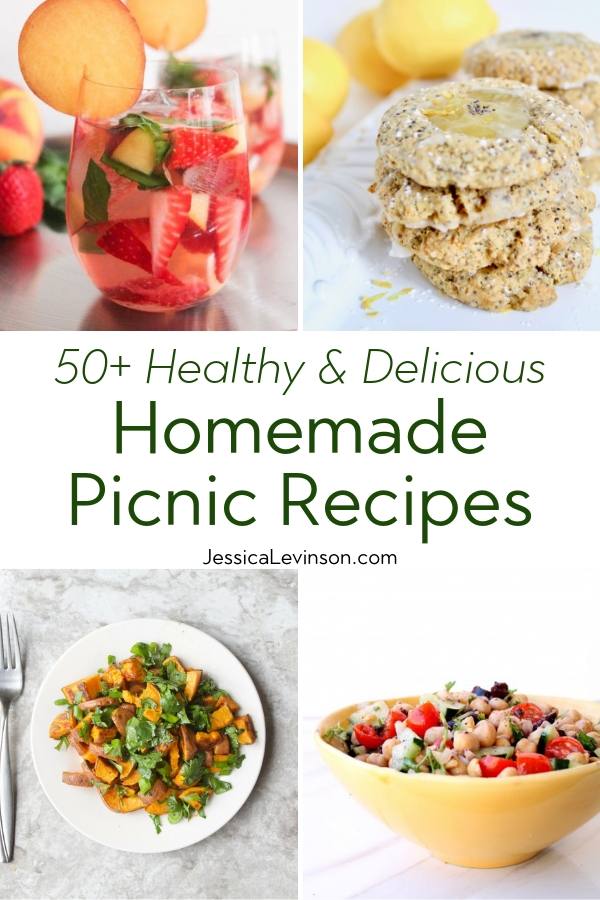 50+ delicious and healthy homemade picnic recipes that are perfect for enjoying the beautiful days of spring and summer outdoors with your family! Get the recipe roundup at JessicaLevinson.com #healthypicnicrecipes #picnicrecipes Healthy Homemade Picnic Recipes with Collage with Text
