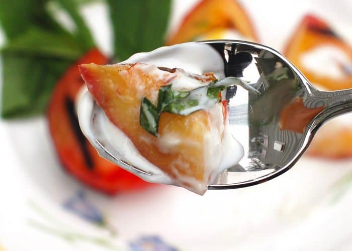 Grilled Stone Fruit with Honey Lemon Yogurt Sauce is a naturally delicious, low-calorie, vegetarian and gluten-free way to end to your summer BBQ. Get the recipe at JessicaLevinson.com | #GrilledFruit #StoneFruitRecipes Grilled Stone Fruit on Spoon with Yogurt Sauce
