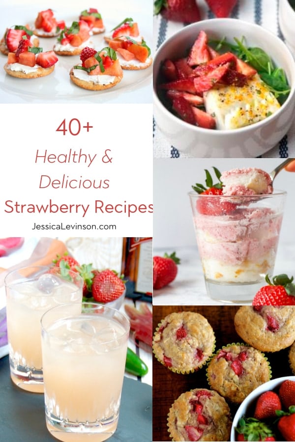 Sweet strawberries are back in season! Here are 40+ healthy and delicious strawberry recipes to enjoy throughout the spring! via JessicaLevinson.com | #strawberries #springrecipes #strawberryrecipes strawberry recipes roundup