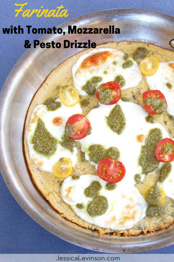 Farinata with Tomato, Mozzarella, & Pesto Drizzle | A chickpea flour crust is topped with tomatoes, mozzarella, and basil pesto in this easy, gluten-free, vegetarian twist on traditional Italian farinata | Get the recipe via JessicaLevinson.com #farinatarecipe #ChickpeaFlour #ItalianRecipes Farinata with Tomato Mozzarella and Pesto with Text Overlay