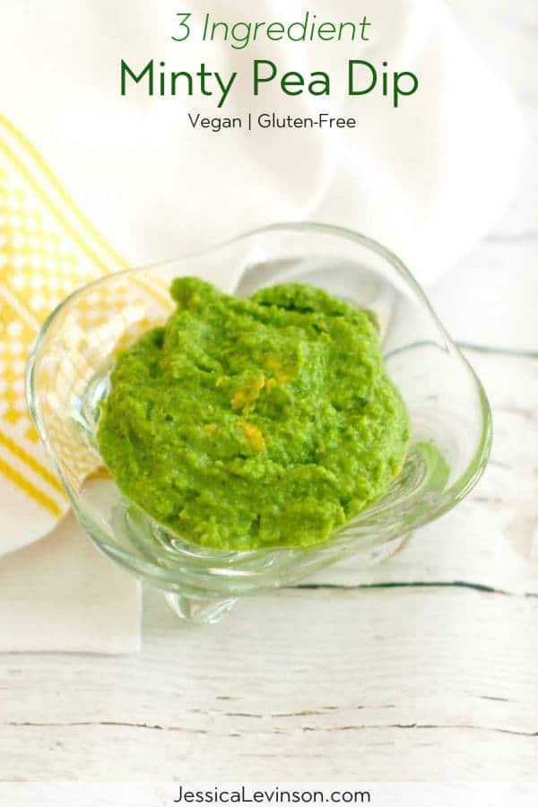 This bright and refreshing 3 Ingredient Minty Pea Dip is quick and easy to make and can be used in a variety of ways. Get this Vegan and Gluten-Free Recipe via JessicaLevinson.com #HealthyDipRecipe #SpringPeaRecipes #SpringRecipe Minty Pea Dip Recipe with Text Overlay