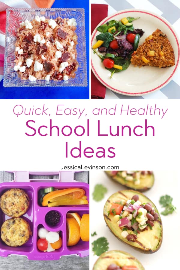 Packing a healthy school lunch for your kids is quick and easy with these five kid- and mom-approved ideas. Get the ideas and 40+ recipes to put them into action at JessicaLevinson.com #backtoschool #schoollunch #feedingkids Healthy School Lunch Ideas Collage with Text Overlay