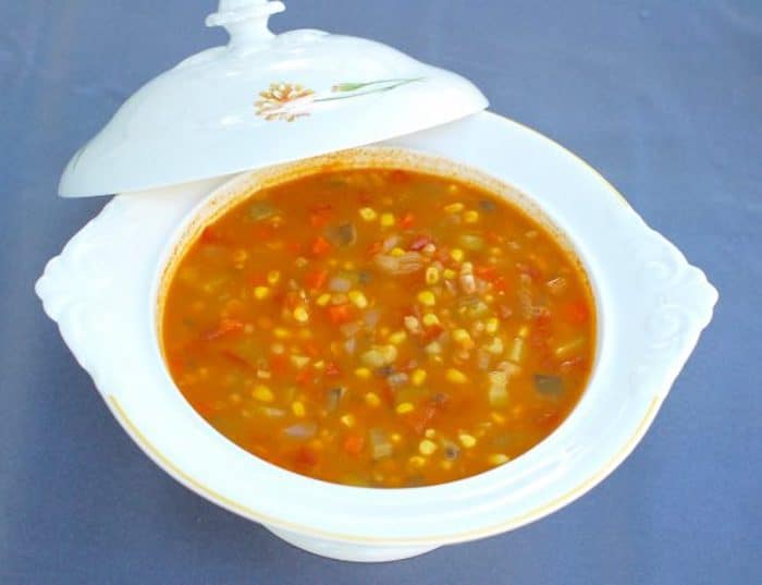 Use the last of summer’s bounty of zucchini, tomatoes, and corn to make this hearty vegetable soup brimming with flavor and nutrition. Vegan, Vegetarian, Gluten-Free, and Dairy-Free. Recipe @jlevinsonrd #summersoup #summervegetables Late Summer Vegetable Soup Overhead