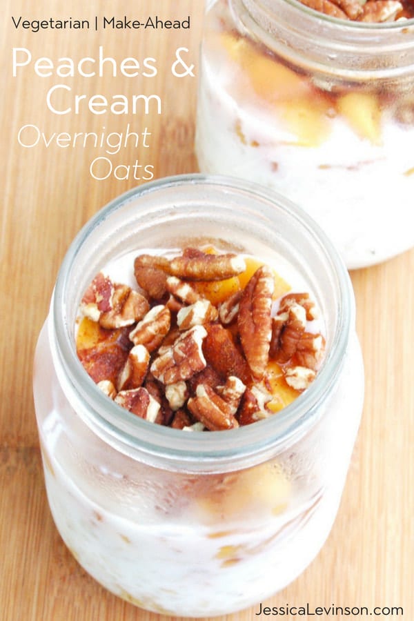 Maple-roasted peaches top creamy kefir-soaked oats in this easy make-ahead Peaches and Cream Overnight Oats breakfast recipe perfect for rushed mornings. #vegetarian #kidfriendly #healthyrecipe #breakfast #overnightoats #peaches peaches and cream overnight oats in mason jars are a vegetarian, make-ahead breakfast