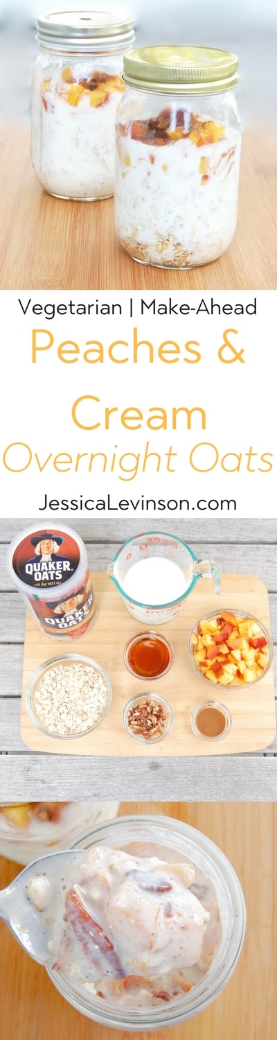 Peaches and Cream Overnight Oats | Jessica Levinson, MS, RDN, CDN Maple-roasted peaches top creamy kefir-soaked oats in this easy make-ahead Peaches and Cream Overnight Oats breakfast recipe perfect for rushed mornings. #vegetarian #kidfriendly #healthyrecipe #breakfast #overnightoats #peaches
