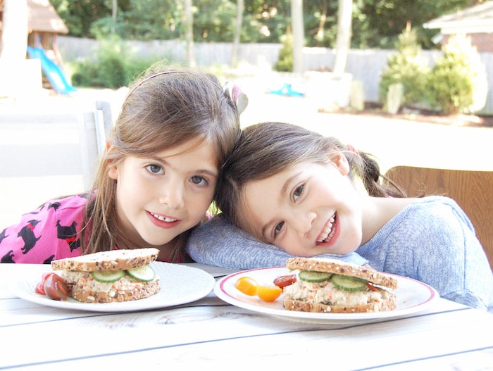Kid-friendly tuna sandwiches My girls ready to dive into their Mayo-Free Tuna Hummus Sandwiches!