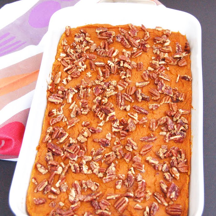 Lightened-Up Sweet Potato Carrot Casserole with Maple Pecans Lightened-Up sweet potato carrot casserole with maple pecans is a healthier thanksgiving side dish