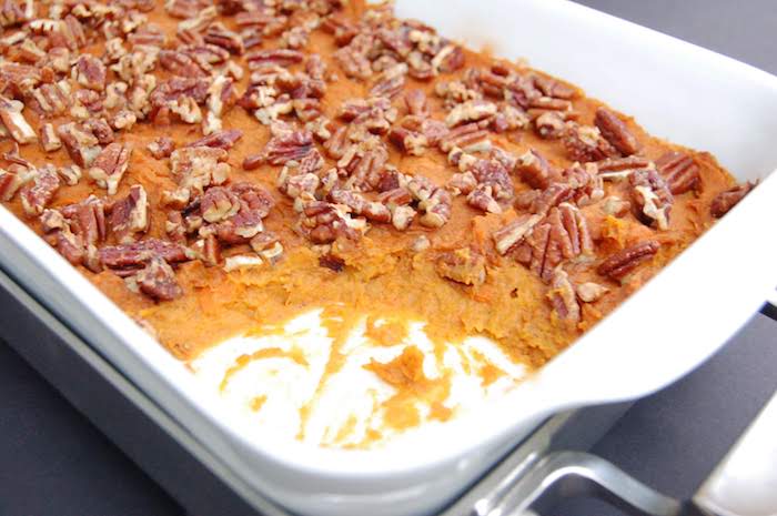 Lighten up a Thanksgiving classic with this naturally sweet and creamy Sweet Potato Carrot Casserole that's full of flavor and nutrition. #vegan #glutenfree #dairyfree #fallrecipes Lightened Up Sweet Potato Carrot Casserole with Pecans