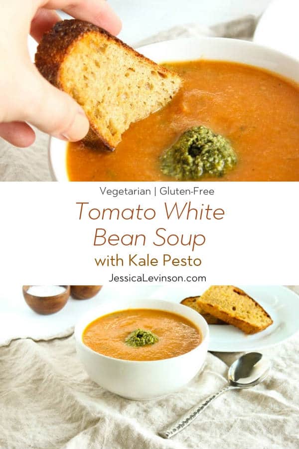 Warm up this fall and winter with a bowl of tomato white bean soup topped off with a dollop of kale pesto. Gluten free, vegetarian, and vegan-friendly. Recipe via JessicaLevison.com #TomatoSoupRecipe #VegetarianSoup Tomato White Bean Soup with Text Overlay