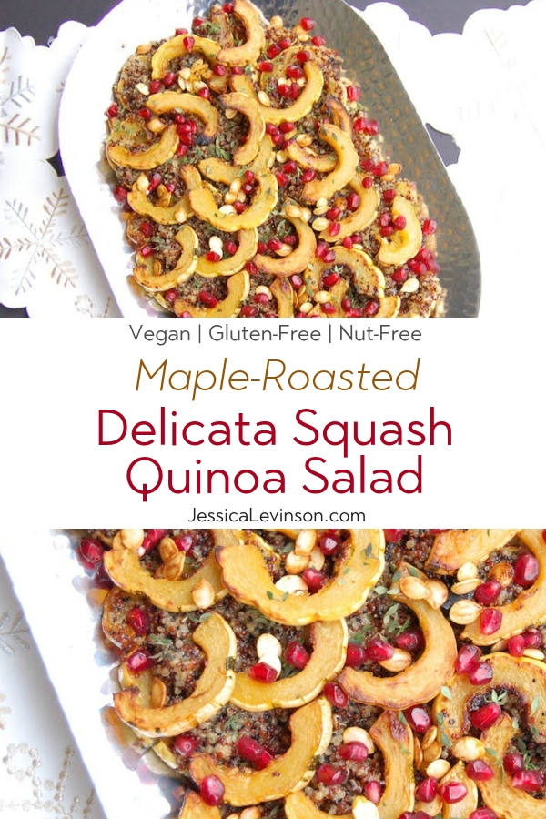 Maple-roasted delicata squash tops cider-infused quinoa and is garnished with thyme and pomegranate seeds in this easy, yet elegant side dish that's perfect for the holidays or any day of the week. Recipe via JessicaLevinson.com #VeganRecipe #QuinoaSaladRecipe #FallSideDish Maple-Roasted Delicata Squash Quinoa Salad with Text Overlay