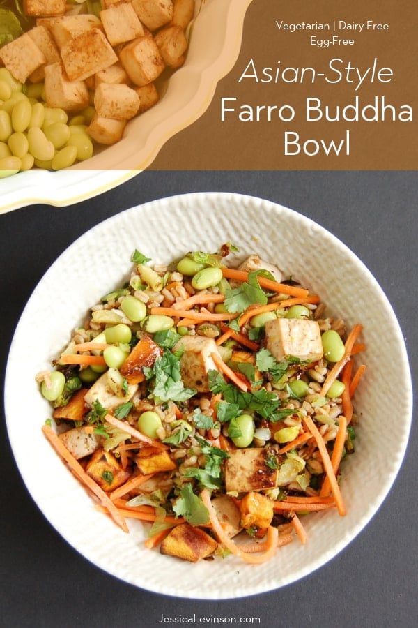 Whole grain farro is topped with shredded carrots, edamame, roasted Brussels sprouts sweet potatoes, and crispy baked tofu. Tossed with a miso lime dressing, this Asian-Style Farro Buddha Bowl is a vegetarian and vegan-friendly meal the whole family will love. Get the recipe at JessicaLevinson.com | #buddhabowl #tofurecipes #vegetarianrecipes Whole grain farro is topped with shredded carrots, edamame, roasted Brussels sprouts sweet potatoes, and crispy baked tofu. Tossed with a miso lime dressing, this Asian-Style Farro Buddha Bowl is a vegetarian and vegan-friendly meal the whole family will love. Get the recipe at JessicaLevinson.com