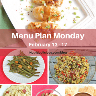 Small Bites by Jessica Menu Plan Monday week of February 13, 2017 including Miso-Glazed Chicken Breasts, Garlicky Green Beans, Corn & Black Bean Quinoa Salad, Apple Cranberry Tuna Salad, Roasted Brussels Sprouts @jlevinsonrd, and Healthy Brownie Batter Dip @LivelyTable.