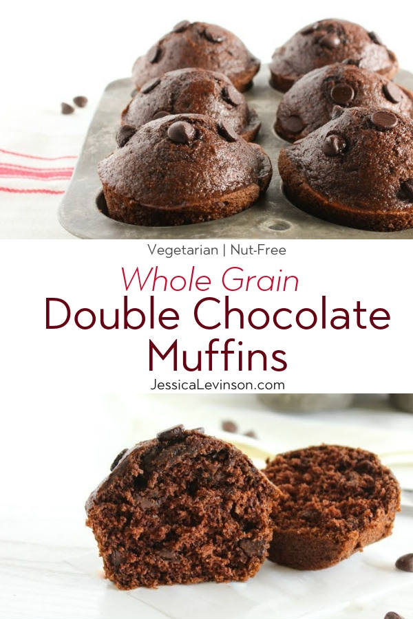 Delicious whole grain double chocolate muffins taste sinful but aren’t! A great make-ahead breakfast treat or healthier dessert. Get this vegetarian and nut-free recipe at JessicaLevinson.com | #WholeGrainMuffins #ChocolateMuffins #BreakfastMuffins Whole Grain Double Chocolate Muffins with Text Overlay