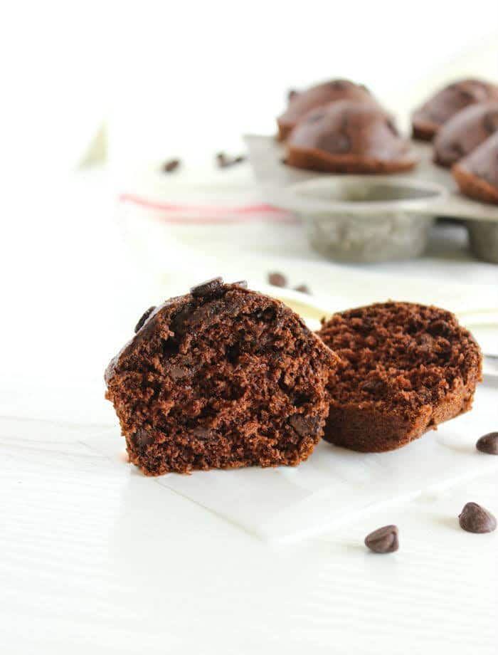 Delicious whole grain double chocolate muffins taste sinful but aren’t! A great make-ahead breakfast treat or healthier dessert. Get this vegetarian and nut-free recipe at JessicaLevinson.com | #WholeGrainMuffins #ChocolateMuffins #BreakfastMuffins Whole Grain Double Chocolate Muffins Cut in Half